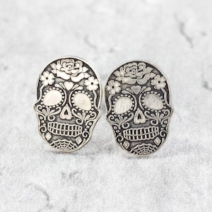 Sterling Silver Skull Stud Earrings // Sugar Skull Studs // Halloween Silver Studs image 1