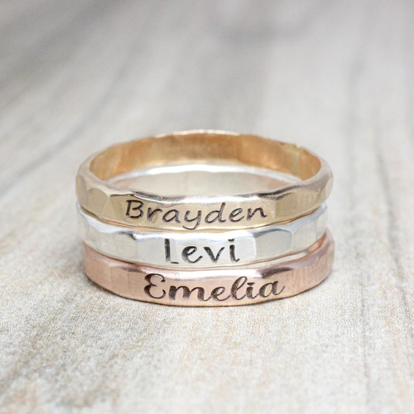 Stackable Engraved Rings // Sterling Silver, Gold, or Rose Gold Hammered Name Ring //  Personalized Gift for Mom // Custom Mother's Day Gift