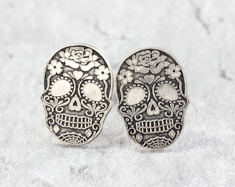 Sterling Silver Skull Stud Earrings // Sugar Skull Studs // Halloween Silver Studs