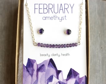Sterlingzilveren amethistketting en oorknopjes: geboortesteen februari