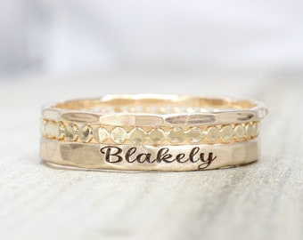 Gold Name Ring Set // Set of 3 Custom Ring Set -  Personalized Ring - Custom Name Ring Gold - Engraved Ring