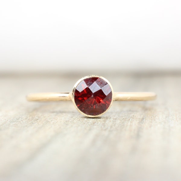14K Gold Filled Garnet Stacking Ring // 5mm Faceted Gemstone January Birthstone Stackable Ring