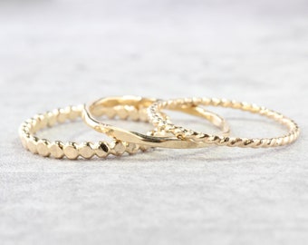 14K Gold Filled Stacking Rings // Set of 3 Simple Stacking Rings // Gold Rope Twist Bead Dot Hammered Ring // Spacer Rings