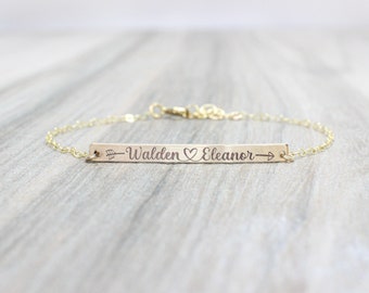 14k Gold Filled Bar Bracelet with Personalized Engraving Names, Dates, Roman Numerals, Initials Gold Filled or Sterling Silver Gifts For Her