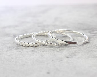 Sterling Silver Stacking Rings // Set of 3 Simple Stacking Rings // .925 Sterling Silver Rope Twist Bead Dot Hammered Ring // Spacer Rings