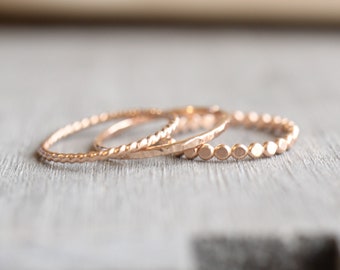 Rose Gold Stacking Rings // Set of 3 Simple 14K Rose Gold Filled Stacking Rings // Rose Gold Rope Twist Bead Hammered Ring // Spacer Rings