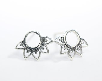 Sterling Silver Tiny Lotus Stud Earrings // Open Circle Studs with Flower // Simple Silver Studs