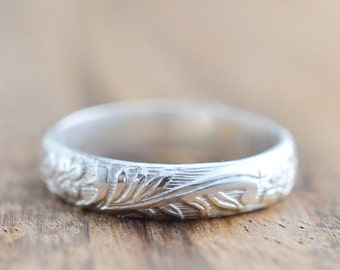 Sterling Silver Floral Patterned Band // Thick Stacking Ring // Wedding Band // Sterling Silver Band // His or Hers