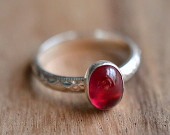 Silver Ruby Ring // Sterling Silver Birthstone Stacking Ring - Lab Created Ruby Ring - July Birthstone Ring - Engravable Gemstone Rin