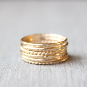 Gold Stacking Ring Set // Set of 6 Yellow Gold Stackable Rings // 14K Gold Filled Stackable Rings // Smooth, Twist, and Hammered Bands image 4