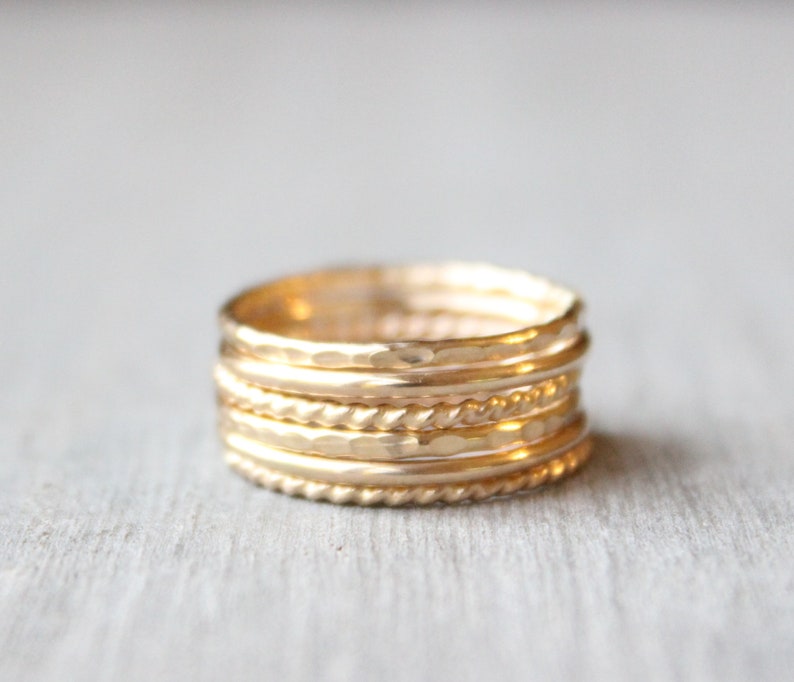 Gold Stacking Ring Set // Set of 6 Yellow Gold Stackable Rings // 14K Gold Filled Stackable Rings // Smooth, Twist, and Hammered Bands image 4