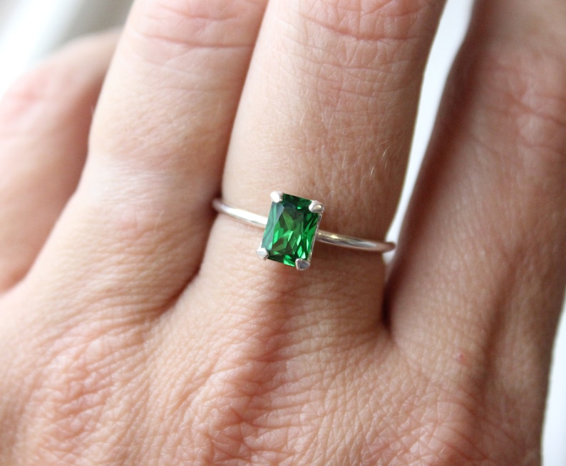 Sterling Silver Emerald Cut Emerald Ring // 7x5mm Emerald Cut Birthstone Stacking Ring // May Birthstone Ring // Simple Silver Ring image 9