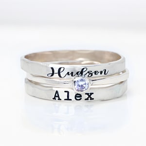 Sterling Silver Stacking Name Ring Set // Stackable Rings // Personalized Name Rings // Gift for Mom Rings with Birthstone Ring