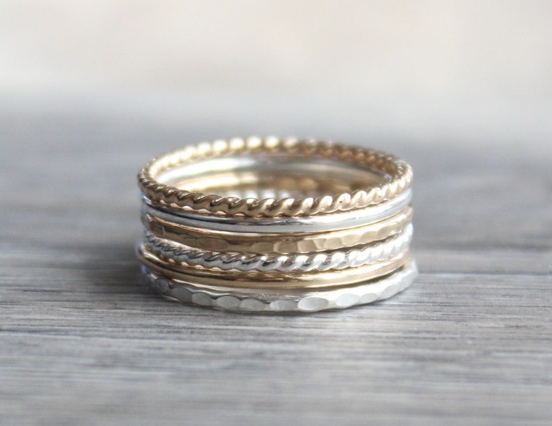 Stacking Ring Set // Set of 6 Gold and Silver Stackable Rings // Sterling Silver and 14K Gold Filled Stackable Rings // Mixed Metals image 3