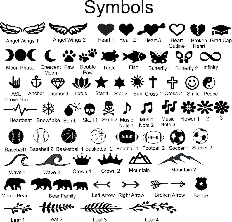 May include: Black and white graphic design with a heart, skull and crossbones, a yin yang symbol, a smiley face, two waves, a mountain range, and two arrows pointing in opposite directions.