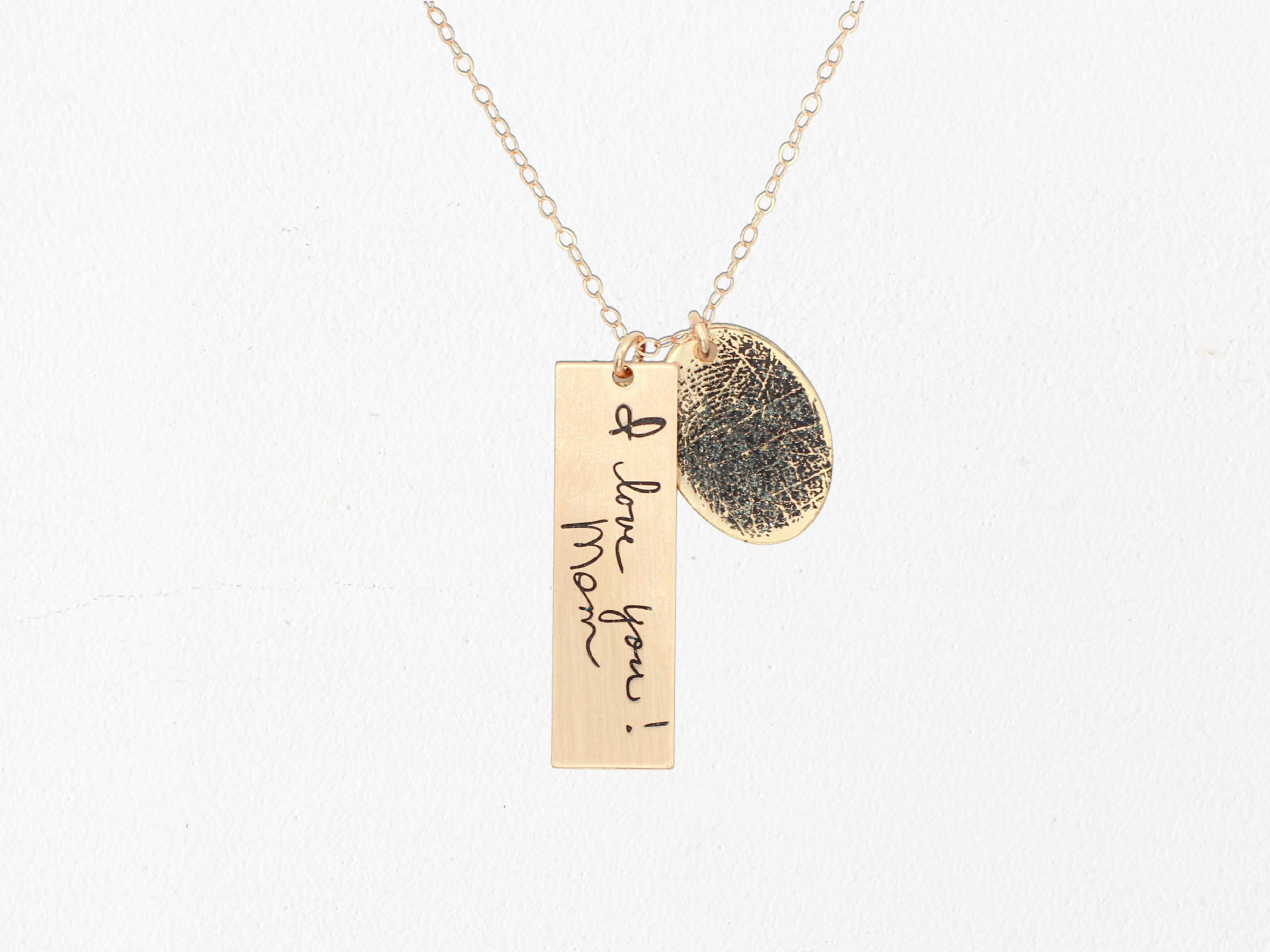14K Gold Filled Handwriting and Fingerprint Necklace: Custom Engraved Pendants