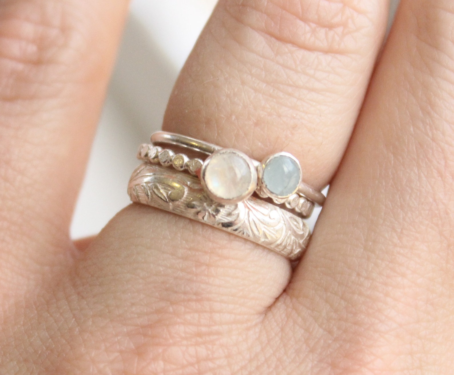 Aquamarine and Moonstone Ring Set // Set of 3 Sterling Silver Etsy
