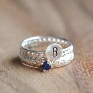 Sterling Silver Stacking Ring Set: Initial and Birthstone Rings