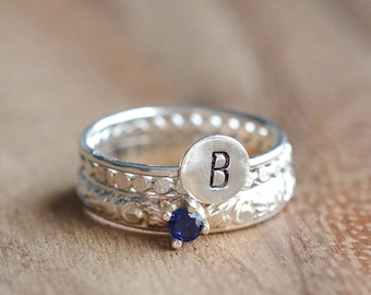 Sterling Silver Stacking Ring Set: Initial and Birthstone Rings