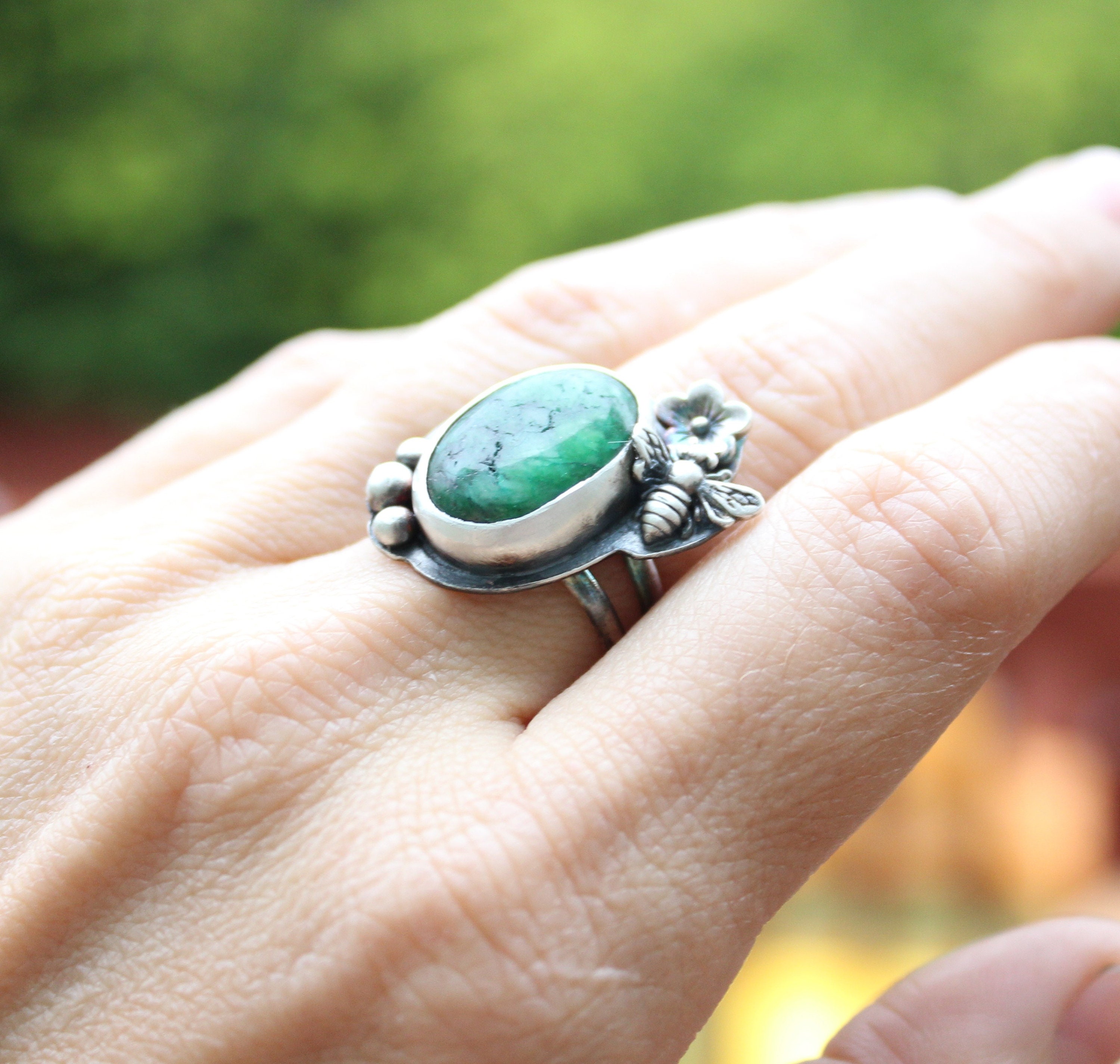 Jade Ring // Sterling Silver Green Jade Ring with Bumble Bee Etsy