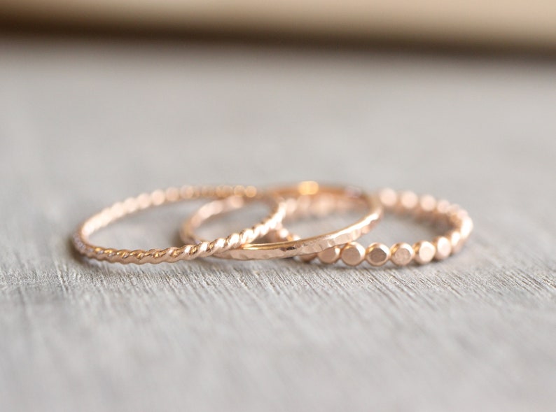 14K Gold Filled Stacking Rings // Set of 3 Simple Stacking Rings // Gold Rope Twist Bead Dot Hammered Ring // Spacer Rings image 9