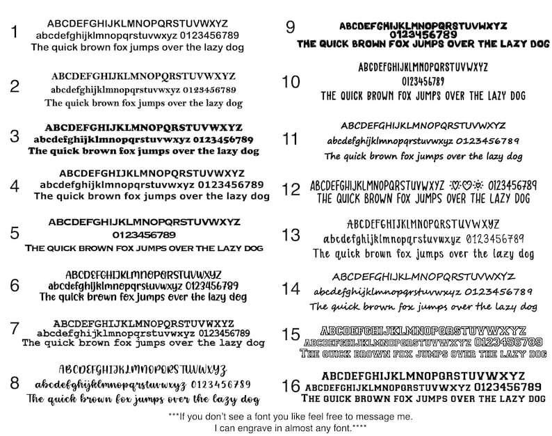 May include: A black and white image displaying 16 different font styles for the phrase "The quick brown fox jumps over the lazy dog". Each font style is numbered 1 through 16. The image also includes the alphabet and numbers in each font style.