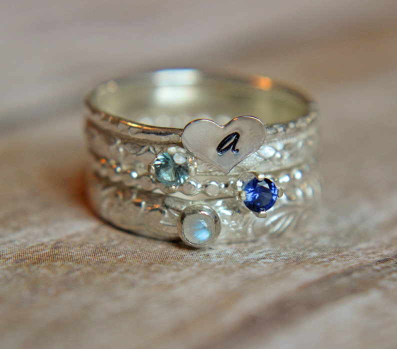 Set of 4 Gemstone Family Stacking Ring Set Sterling Silver Birthstone and Initial Stacking Rings Personalized Letter Stacking Rings