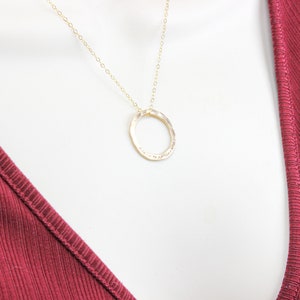 May include: A gold chain necklace with a hammered circle pendant.