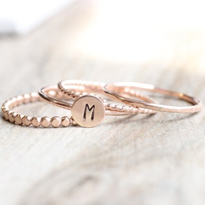 Rose Gold Initial Ring Set // Rose Gold Initial and Bead Ring Set // 14K Rose Gold Filled Stacking Rings image 3