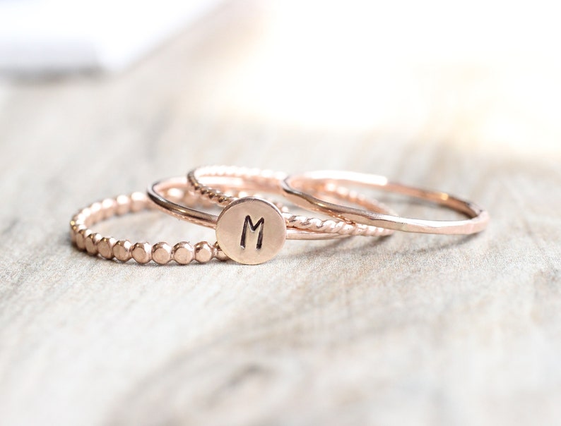 Rose Gold Initial Ring Set // Rose Gold Initial and Bead Ring Set // 14K Rose Gold Filled Stacking Rings image 3