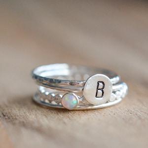 Sterling Silver Opal Stacking Ring Set: Personalized Initial Rings