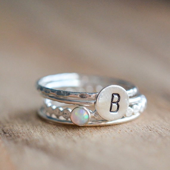 Silver Opal Ring Set // Sterling Silver October Birthstone Initial