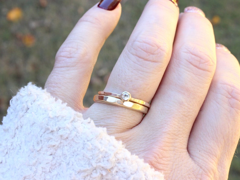 Gold Stackable Rings with White Topaz Gemstone // Wedding Ring Set // Engagement Ring Set image 2