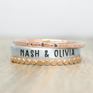 Mixed Metals Name Ring Set: Custom Engraved Stacking Rings