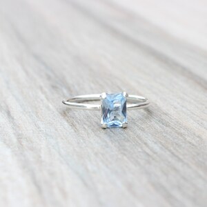 Aquamarine Ring // Aquamarine Cubic Zirconia Sterling Silver Emerald Cut Ring // 7x5mm Birthstone Stacking Ring // March Birthstone Ring image 4