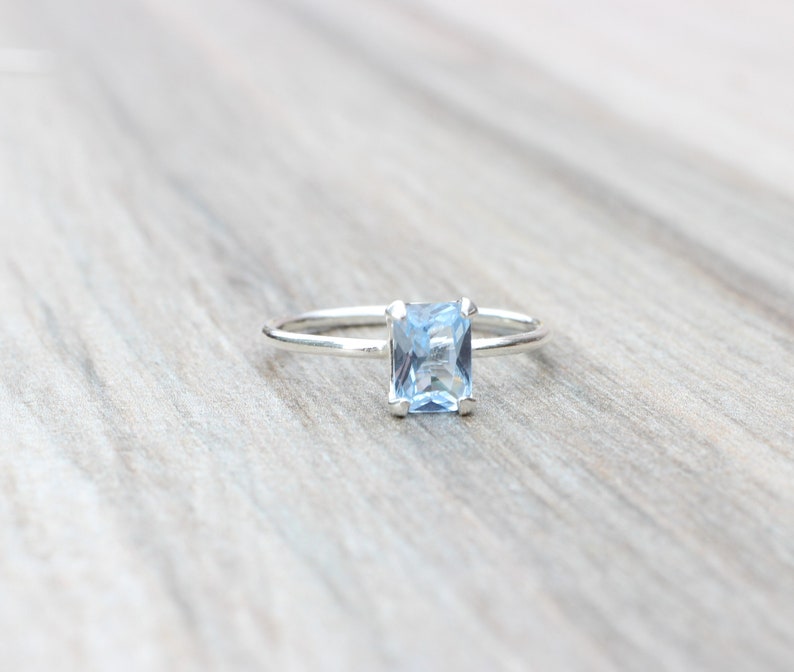 Aquamarine Ring // Aquamarine Cubic Zirconia Sterling Silver Emerald Cut Ring // 7x5mm Birthstone Stacking Ring // March Birthstone Ring image 4