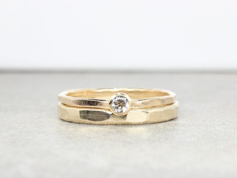 Gold Stackable Rings with White Topaz Gemstone // Wedding Ring Set // Engagement Ring Set image 1