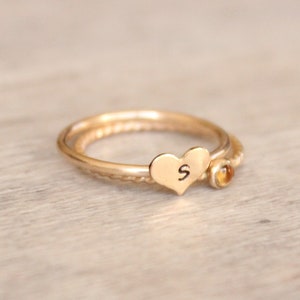 Gold Citrine Ring Set // 14k Yellow Gold Filled Heart Initial Ring // Personalized November Birthstone Ring // Gemstone Stacking Ring image 5