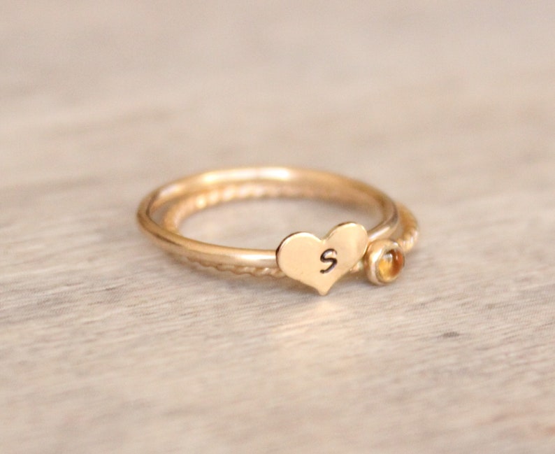 Gold Citrine Ring Set // 14k Yellow Gold Filled Heart Initial Ring // Personalized November Birthstone Ring // Gemstone Stacking Ring image 5