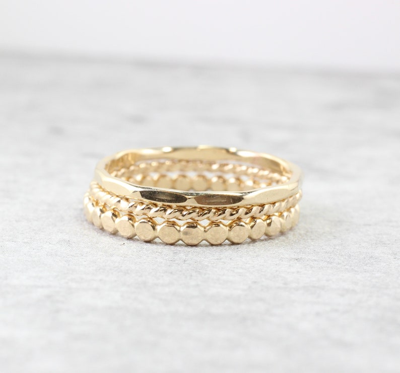 14K Gold Filled Stacking Rings // Set of 3 Simple Stacking Rings // Gold Rope Twist Bead Dot Hammered Ring // Spacer Rings image 3