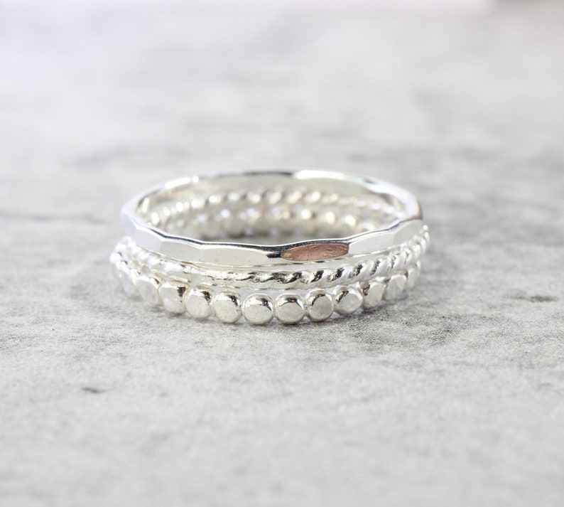Sterling Silver Stacking Rings // Set of 3 Simple Stacking Rings // .925 Sterling Silver Rope Twist Bead Dot Hammered Ring // Spacer Rings image 4