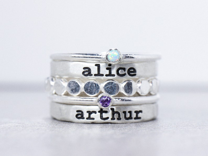 Sterling Sliver Name Ring Set with Birthstones // Personalized Stacking Name Rings // Custom Engraved Ring // Birthstone Mom Ring Sterling Silver