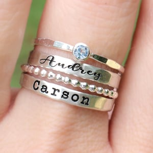 Sterling Silver Stacking Name Rings // Stackable Rings // Personalized Name Rings // Gift for Mom Rings with Birthstone Ring