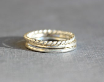 Set of 3 Sterling Silver Stacking Rings - Sterling Silver Ring Set - Rope Ring - Twist Ring