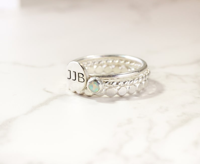 Sterling Silver Initial Ring with Aquamarine SCustom Initial Stacking Rings with March Birthstone Gemstone Personalized Ring Set zdjęcie 7