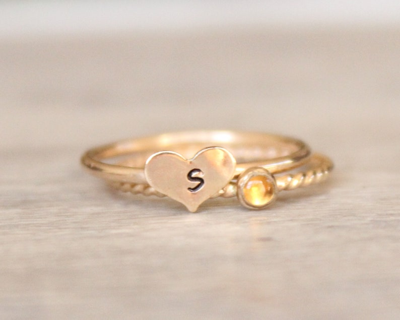 Gold Citrine Ring Set // 14k Yellow Gold Filled Heart Initial Ring // Personalized November Birthstone Ring // Gemstone Stacking Ring image 3