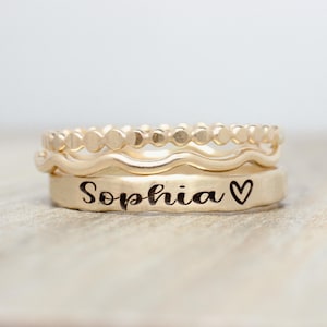 Gold Name Ring Set: Engraved Stacking Rings, Gift for Mom