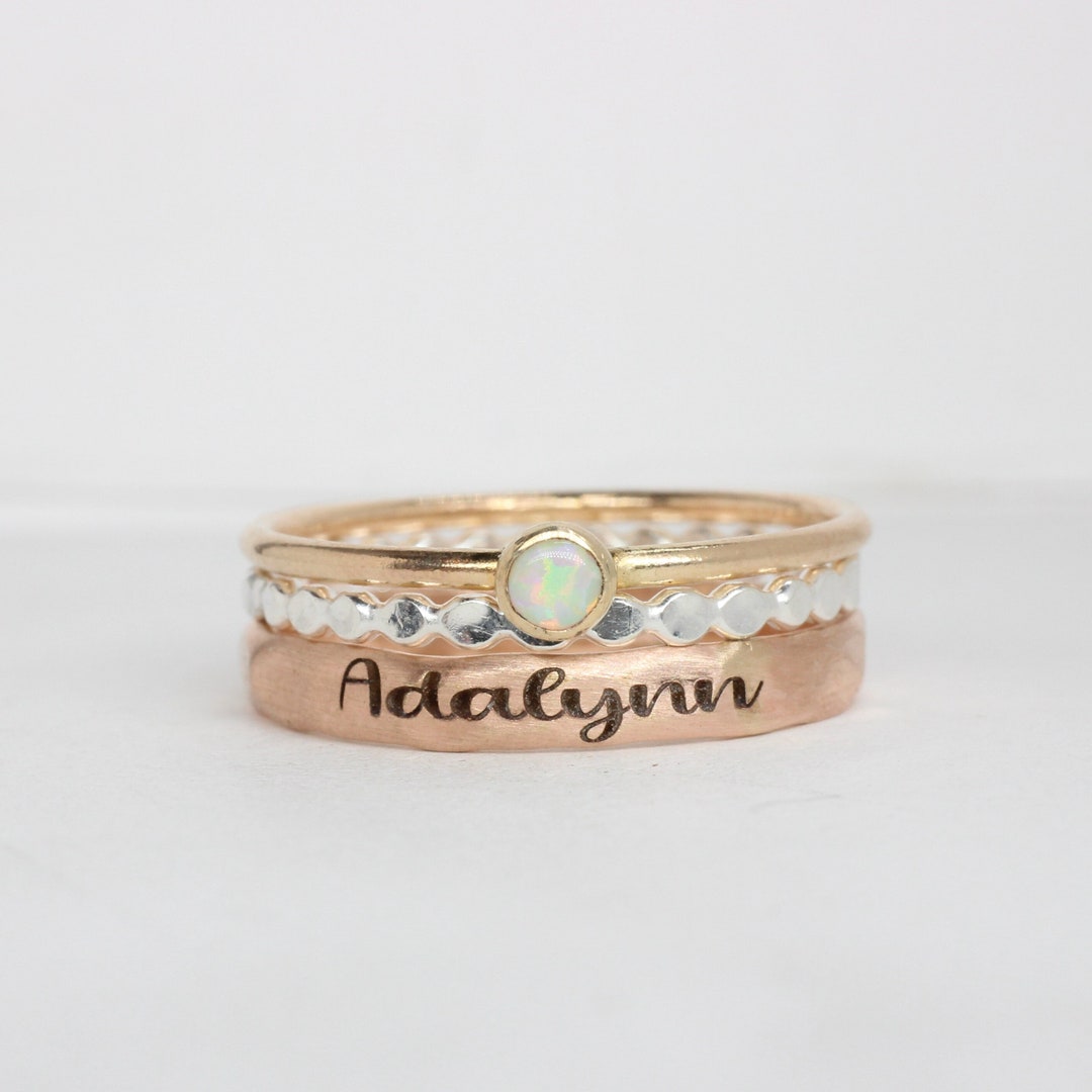 Engraved Rose Gold Stacking Ring Set of 3: Opal Birthstone ...