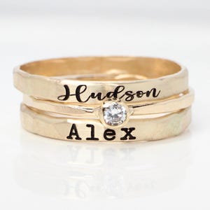 14K Gold Filled Stacking Rings: Personalized Name & Birthstone Ring Set