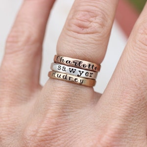 Stacking Name Rings // Sterling Silver, Gold, or Rose Gold Hammered Name Ring Personalized Ring Custom Name Ring Engraved Ring image 10